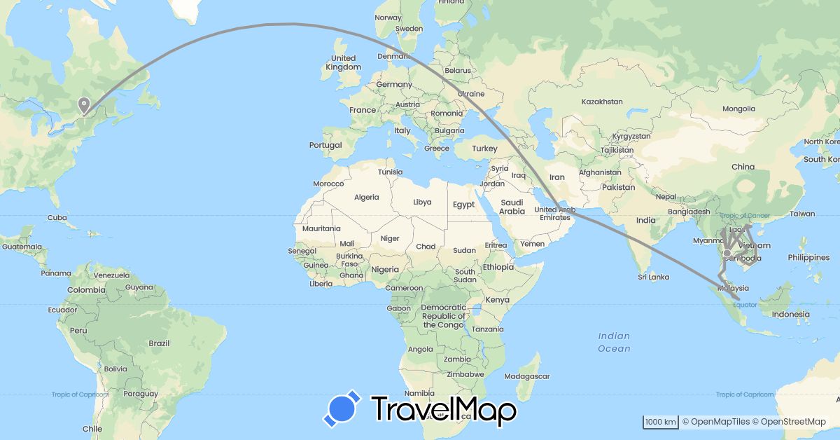 TravelMap itinerary: plane in United Arab Emirates, Canada, Cambodia, Laos, Malaysia, Thailand, Vietnam (Asia, North America)